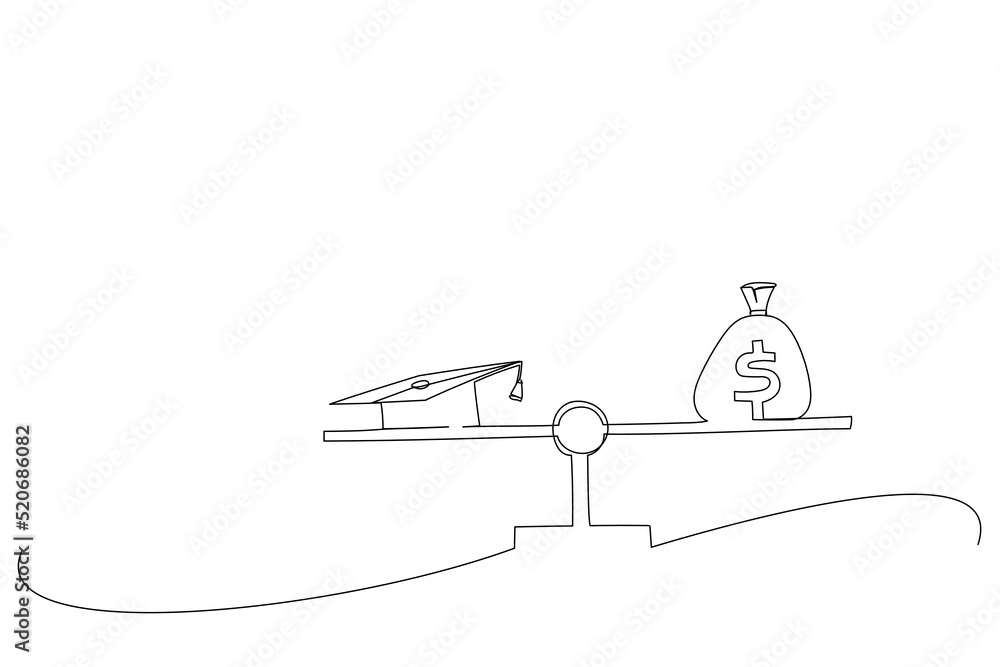 Cartoon of money cost saving for goal and success in school, education metaphor. Continuous line art Cartoon of money cost saving for goal and success in school, education metaphor. Continuous line art