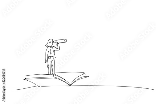 Drawing of businesswoman using telescope on flying book. Knowledge, references, opportunity, vision in business. Single line art style