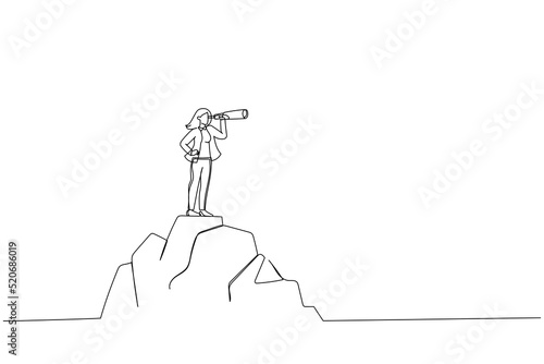 Cartoon of woman standing on top of mountain, Looking of success. Business finance, leadership, business Startup. Single continuous line art style