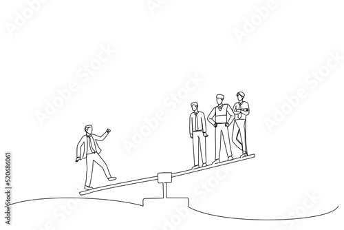 Drawing of businessman on one side of weighing scale is heavier than many executives the other side. Single continuous line art