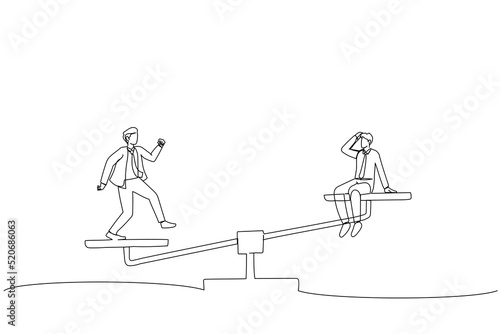 Cartoon of businessman or colleagues compete for leadership. Continuous line art style
