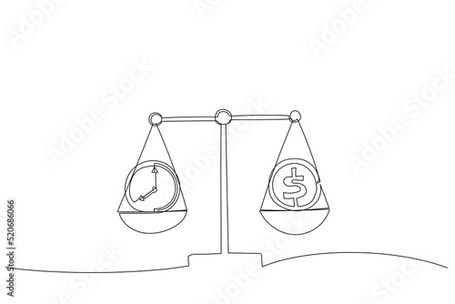 Illustration of businessman hand holds white mechanical scales with dollar coin and clock in pans. One continuous line art style