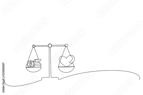 Drawing of heart with cardiogram and pile of money on scales. Life choice health or career metaphor. Single line art style