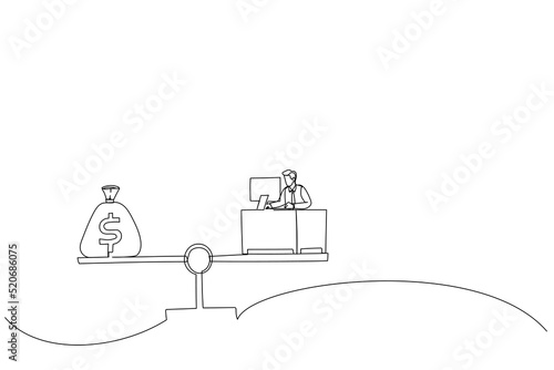 Drawing of businessman working hard on busy desk seesaw balance with wages money bag. Work hard for money or incentive motivate to work overtime metaphor. Single line art style