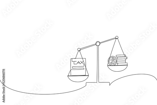 Illustration of businessman hand use coins. Scales imbalance with metal tax weight ball and cash money concept. One line art style
