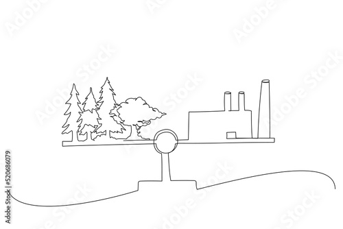 Cartoon of businessman balancing scale with Nature and industry. Environment conservation metaphor. Single continuous line art style