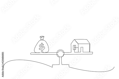 Illustration of home and money coins stack on scale. Property investment concept. One line style art