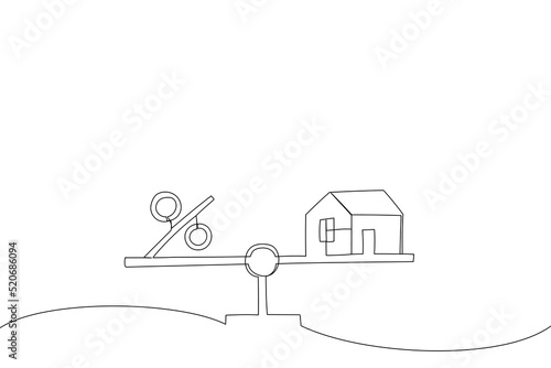 Illustration of home and cube block shape with icon percent on scales. Interest rate concept. One line art style
