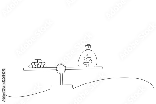 Drawing of pills and dollar coin on seesaw weight scale. Medicine, money, drug, cost, price and health metaphor. Single line art style