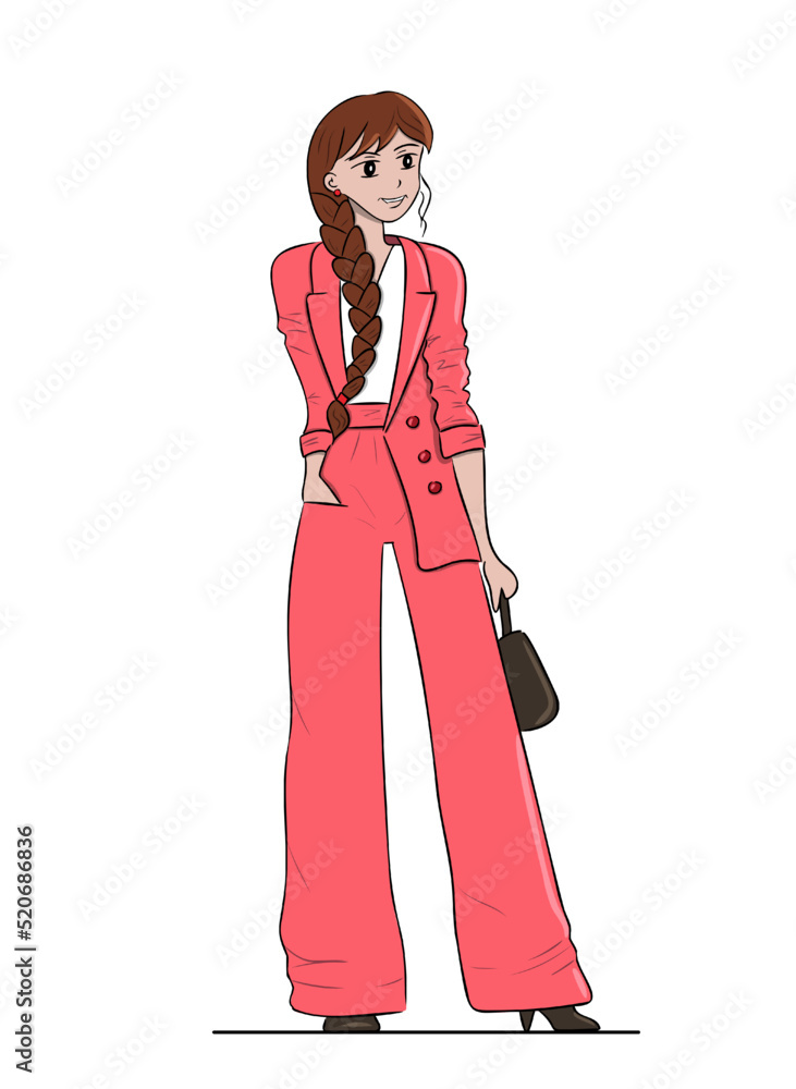 Ταπετσαρία Stylish woman stands in business pantsuit with bag on white background