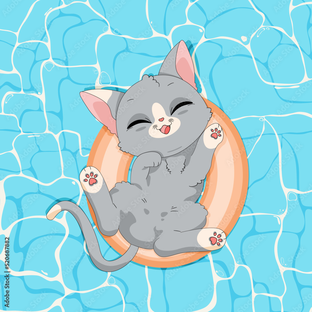 Kot bawiący się w wodzie, pływający w dmuchanym kole. Kotek w basenie. Ręcznie rysowany uroczy mały kot na wakacjach. Letnia wektorowa ilustracja. - obrazy, fototapety, plakaty 