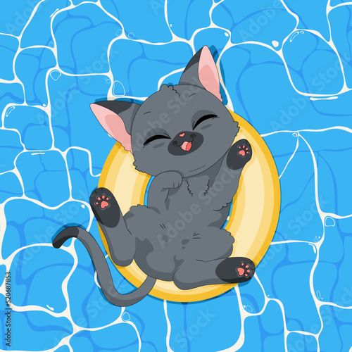 Kot bawiący się w wodzie, pływający w żółtym dmuchanym kole. Szary kotek w basenie. Ręcznie rysowany uroczy mały kot na wakacjach. Letnia wektorowa ilustracja.