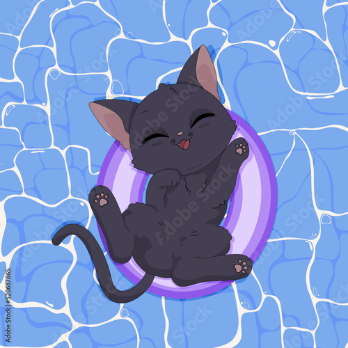 Kot bawiący się w wodzie, pływający w dmuchanym kole. Kotek w basenie. Ręcznie rysowany uroczy mały kot na wakacjach. Letnia wektorowa ilustracja.