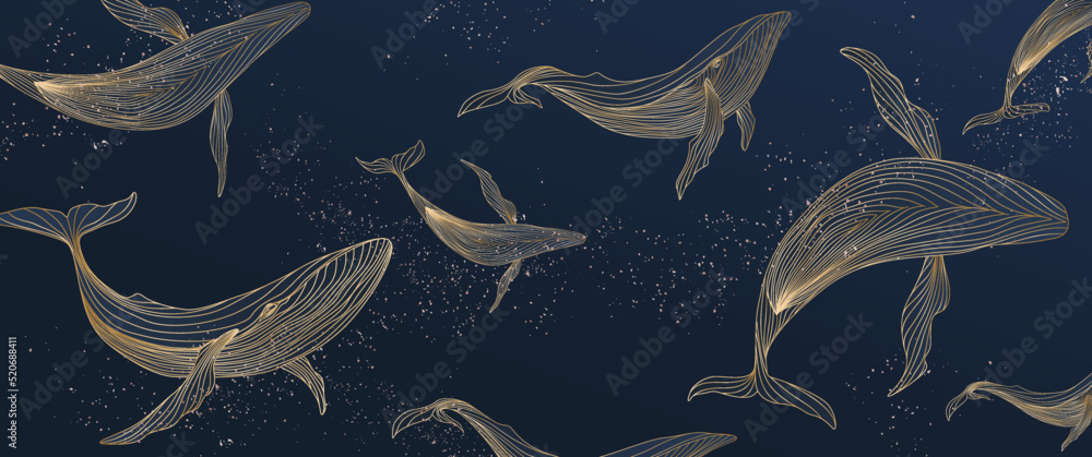 Dark blue art background with whales in gold line style. Abstract vector banner for wallpaper design, decor, print, pattern. - obrazy, fototapety, plakaty 