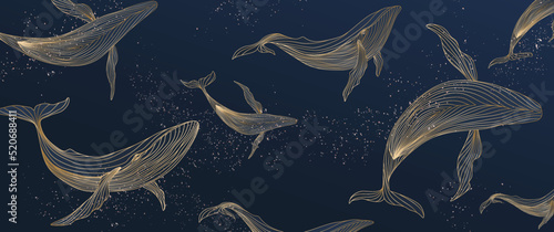Fotografie, Obraz Dark blue art background with whales in gold line style