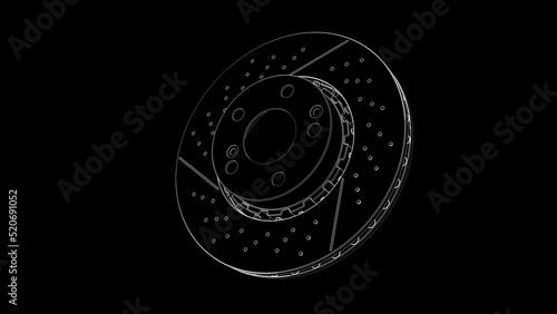 Car brake disc drawing isolated on black background. Auto parts. Perforated brake disc rotor isolated on white. Brake ventilated discs. Quality spare parts for car service or repair