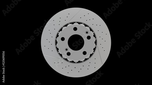 Car brake disc isolated on black background. Auto spare parts. Perforated brake disc rotor isolated on white. Braking ventilated discs. Quality spare parts for car service or maintenance