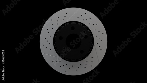 Brake disc with black core of car isolated on black background. Auto parts. Perforated brake disc rotor isolated on white. Brake ventilated discs. Quality spare parts for car service or repair