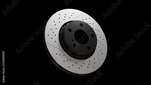 Brake disc with black core of car isolated on black background. Auto parts. Perforated brake disc rotor isolated on white. Brake ventilated discs. Quality spare parts for car service or repair