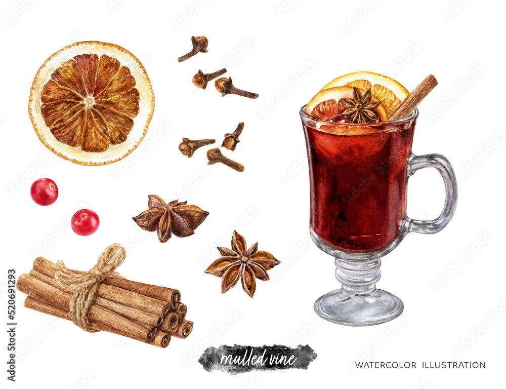 Mulled wine drink set hand drawn watercolor illustration isolated on white background Mulled wine drink set hand drawn watercolor illustration isolated on white background