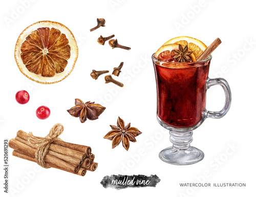 Tablou canvas Mulled wine drink set hand drawn watercolor illustration isolated on white backg