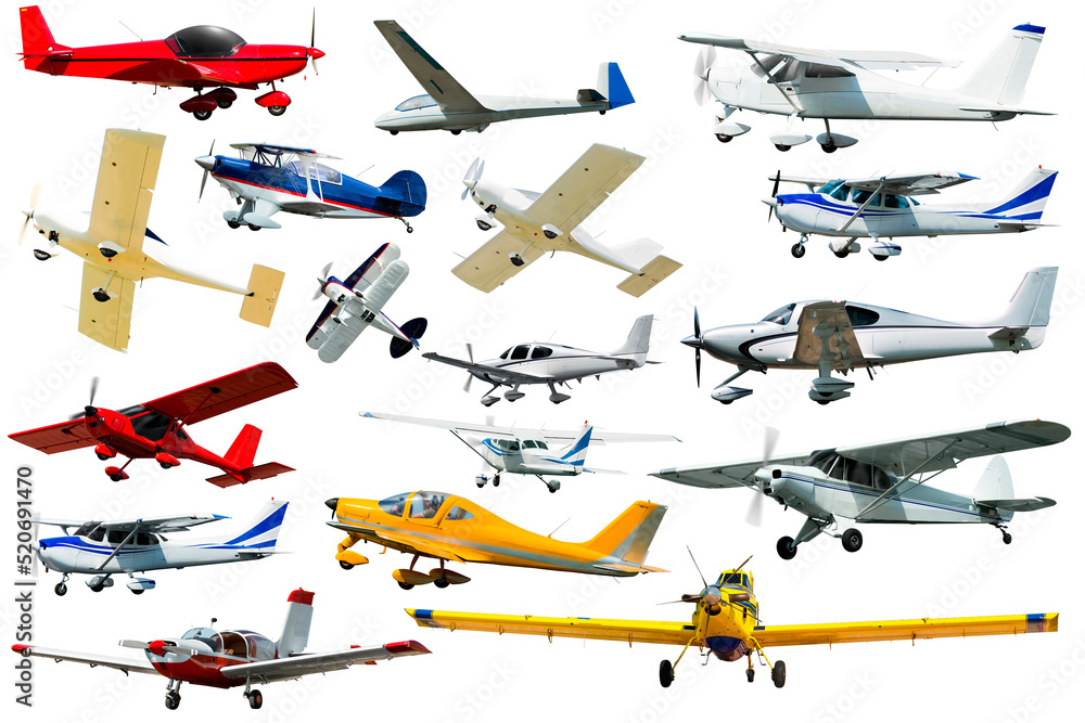 Poster Set of various airplanes isolated on white background.. Wall