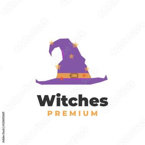 Purple witch hat illustration logo with star pattern