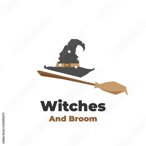 Witch hat and broomstick illustration logo