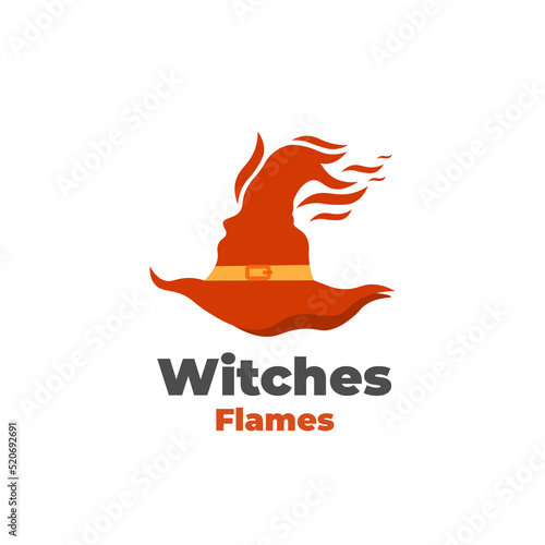 Flaming red witch hat illustration logo