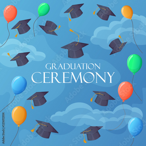 Graduation party invitation 2022 funny card. Sky with balloons square banner