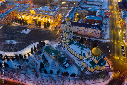 Evening view in winter of the residential areas of Lipetsk and the Christ-Nativity Cathedral in the city center, Russia