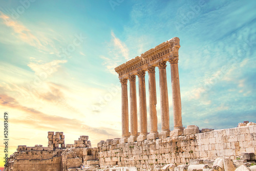 Beautiful view of the Massive columns of the Temple of Jupiter in the ancient city of Baalbek, Lebanon