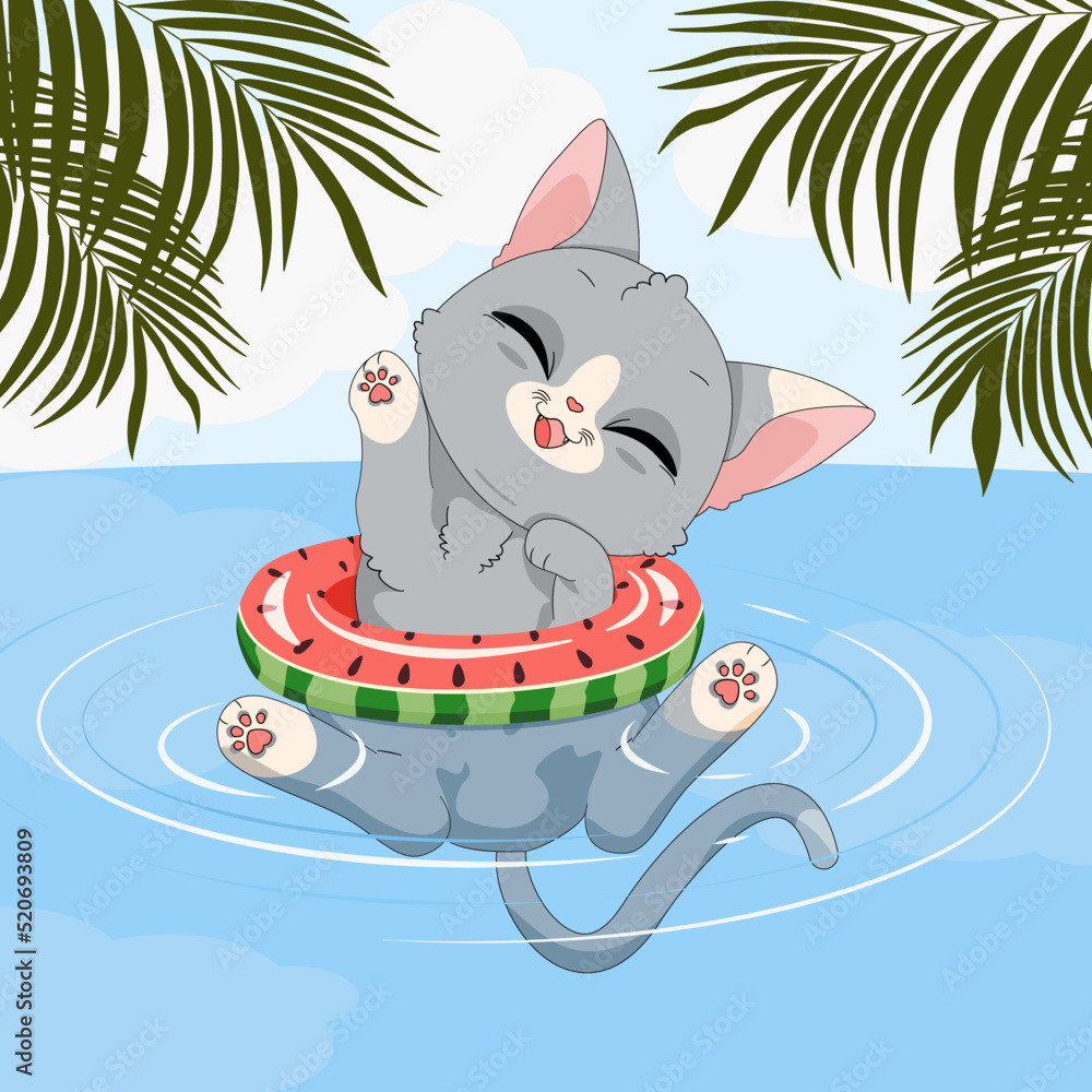 Uroczy mały szary kotek w kole do pływania, bawiący się w wodzie. Wektorowa ilustracja zadowolonego, rozbawionego kota. Słodki, zabawny zwierzak. Letnia, wakacyjna ilustracja. - obrazy, fototapety, plakaty 