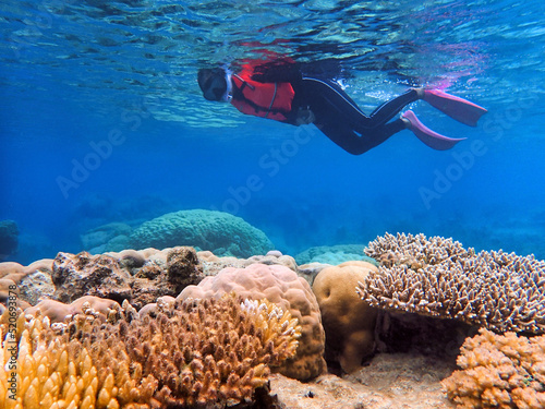 Indonesia Anambas Islands - Women snorkeling in coral reef