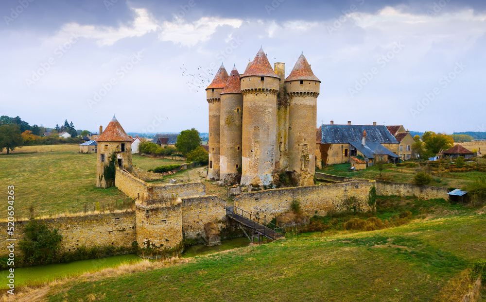 Aerial view of Chateau Sarzay - medieval castle in France