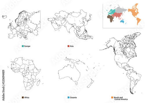 白地図　世界5地域セット（国境線）