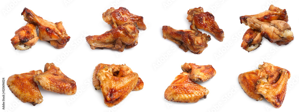Set with tasty roasted chicken wings on white background. Banner design Set with tasty roasted chicken wings on white background. Banner design