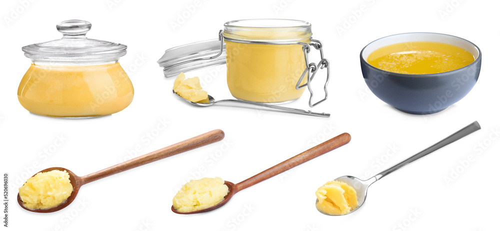 Set with tasty ghee butter on white background. Banner design Set with tasty ghee butter on white background. Banner design