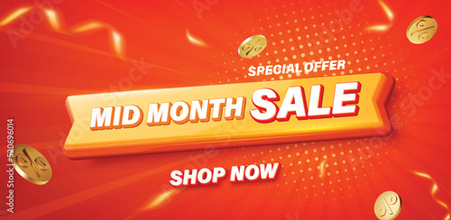 3D Ribbon Mid month sale banner template design for web or social media.