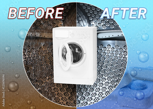 Drum of washing machine before and after using water softener tablet, collage photo