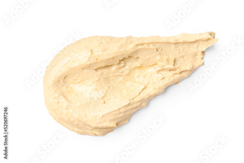 Smear of tasty hummus isolated on white, top view