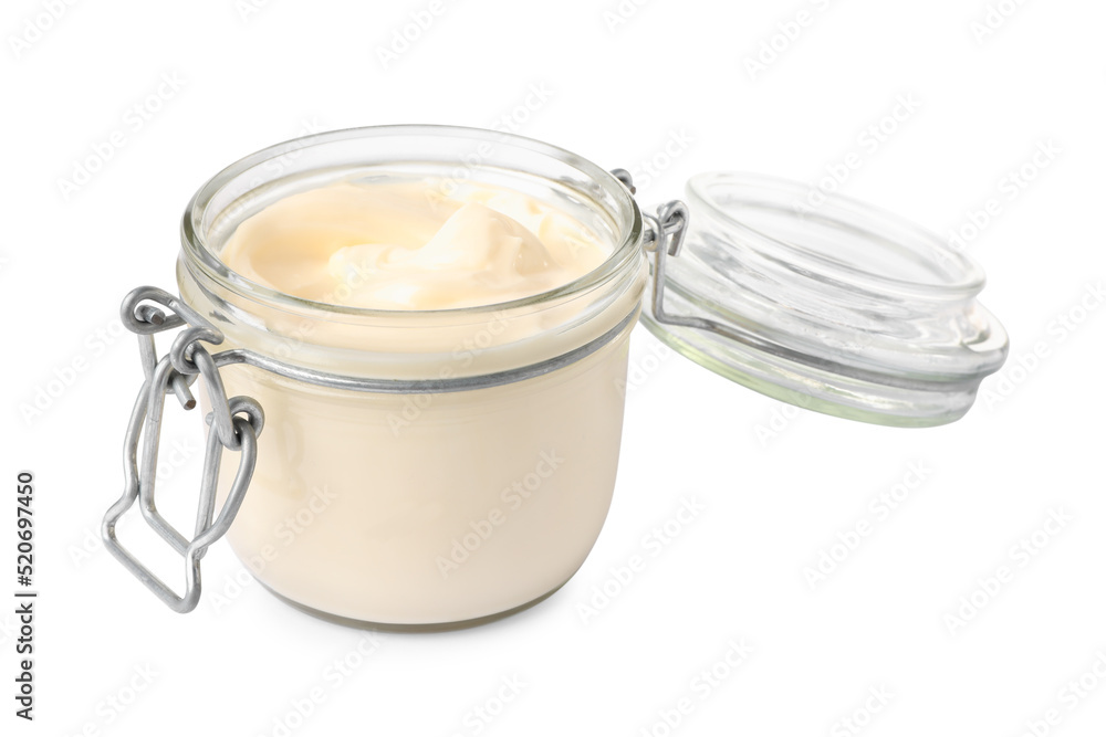 Tasty mayonnaise in glass jar isolated on white Tasty mayonnaise in glass jar isolated on white