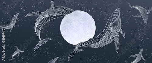 Fotografie, Obraz Art background in blue color with an illustration of whales on the background of the moon in line style