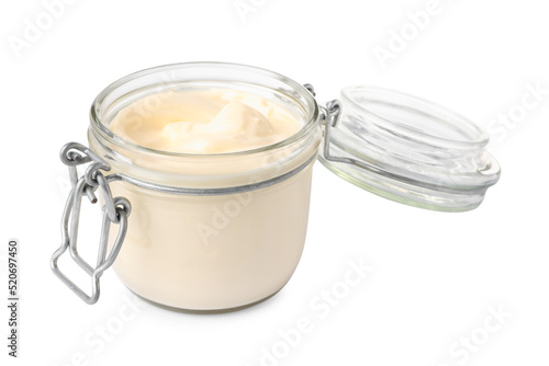 Tasty mayonnaise in glass jar isolated on white