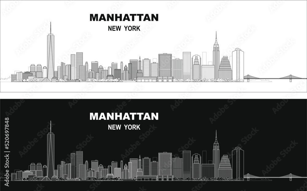 Layered editable vector illustration skyline of Manhattan, New York City, USA, each building is on a separate layer.
