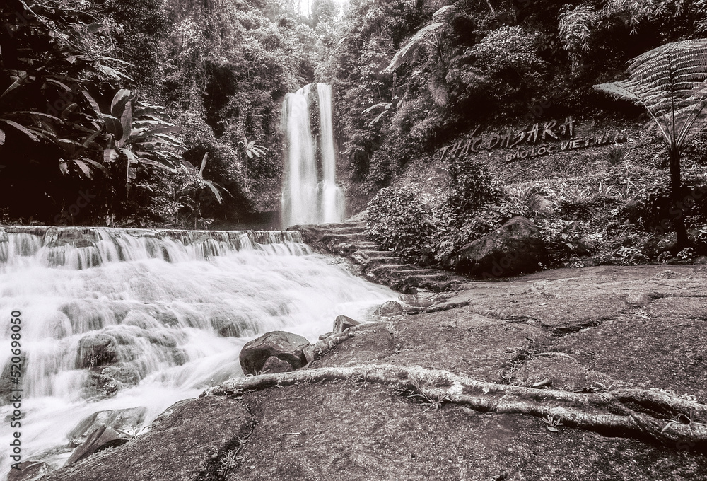 Fototapeta premium Landscape photo black anh white film: Dasara waterfall. This is a beautiful waterfall in Vietnam. Dasara waterfall is 60 m high.Time: July 28, 2022. Location: Lam Dong province. 