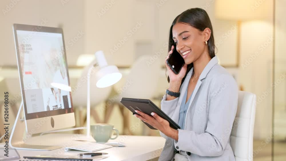 Laughing, happy and talking on phone while browsing, reading and sharing marketing strategy on tablet to client. Smiling, friendly or confident marketer or agent networking, negotiating or discussing Laughing, happy and talking on phone while browsing, reading and sharing marketing strategy on tablet to client. Smiling, friendly or confident marketer or agent networking, negotiating or discussing