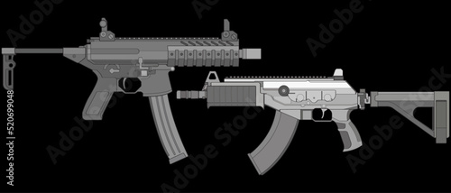 Set of firearms vector style, Shooting gun, Weapon illustration, Vector Line, Gun illustration, Modern Gun, Military concept, Pistol for training 