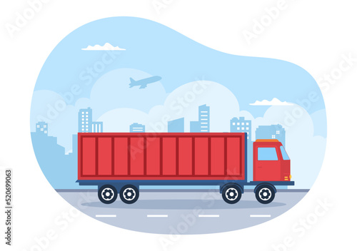Trucking Transportation Cartoon Illustration with Cargo Delivery Services or Cardboard Box Sent to the Consumer in Flat Style Design
