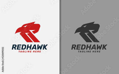Abstract Minimalist Letter R Logo Design with Red Hawk Head Combination Concept.